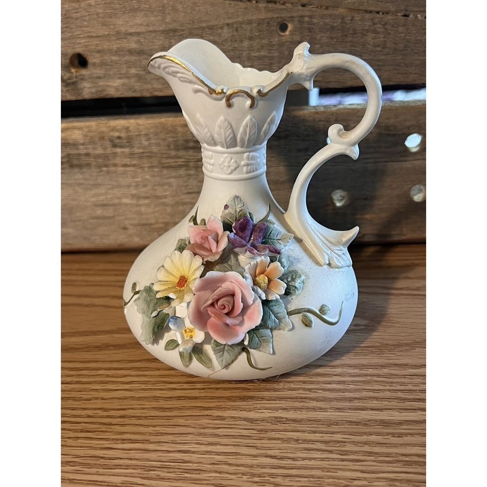 Small Vintage Lefton China Pitcher Vase Matte Finish Raised Flowers gold trim